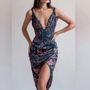 Averie Halley Fitted Midi Dress Navy Print Satin Plunging Neckline Size Medium